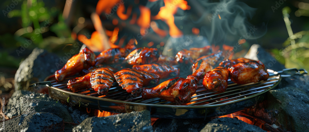 Juicy, grilled chicken wings sizzling on a barbecue grill, surrounded by an open fire, radiating a warm and appetizing aura. Juicy, grilled chicken wings sizzling on a barbecue grill, surrounded by an open fire, radiating a warm and appetizing aura.