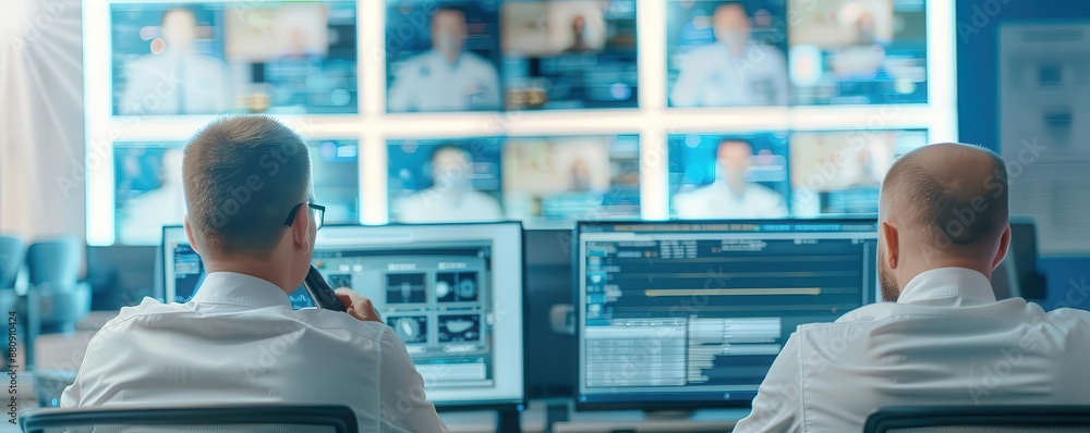 Security control room scene with two guards, one using a radio for external communication, emphasizing technology and teamwork in building security Security control room scene with two guards, one using a radio for external communication, emphasizing technology and teamwork in building security