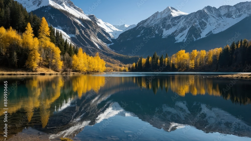 A serene alpine lake reflecting autumnal trees and snowy mountains, perfect for nature photography, hiking, and peaceful retreats A serene alpine lake reflecting autumnal trees and snowy mountains, perfect for nature photography, hiking, and peaceful retreats