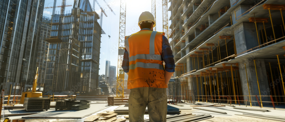 Fototapeta premium A construction worker in a reflective vest surveys a towering unfinished building, embodying the essence of hard work and urban development under a bright sky.
