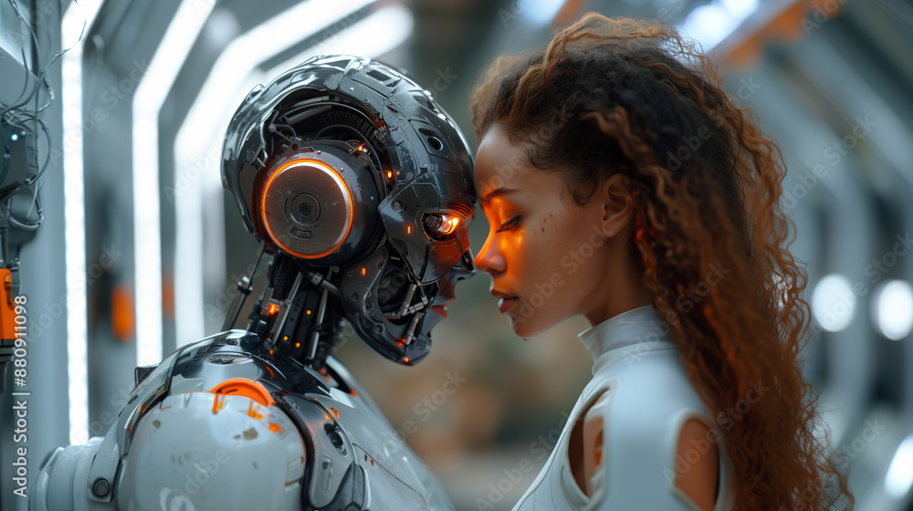 Cyber Clash Woman and Robot Face-off in Futuristic Studio Cyber Clash Woman and Robot Face-off in Futuristic Studio