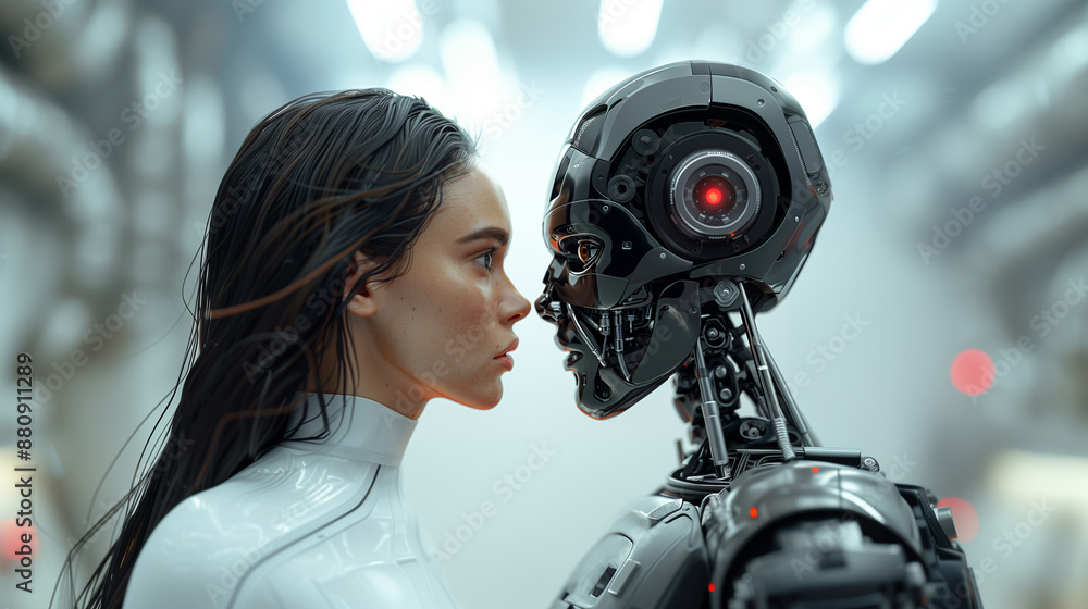 Human-Robot Confrontation Woman and AI Meet in High-Tech Scene Human-Robot Confrontation Woman and AI Meet in High-Tech Scene