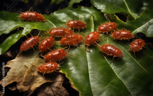 Clusters of acarus mites infesting a decomposing leaf, a microcosm of decay in the forest floor. photo