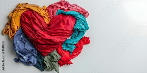 Heart-shaped pile of colorful secondhand clothes promotes sustainable fashion recycling. Concept Sustainable Fashion, Secondhand Clothing, Colorful Styles, Clothing Recyling, Environmental Awareness