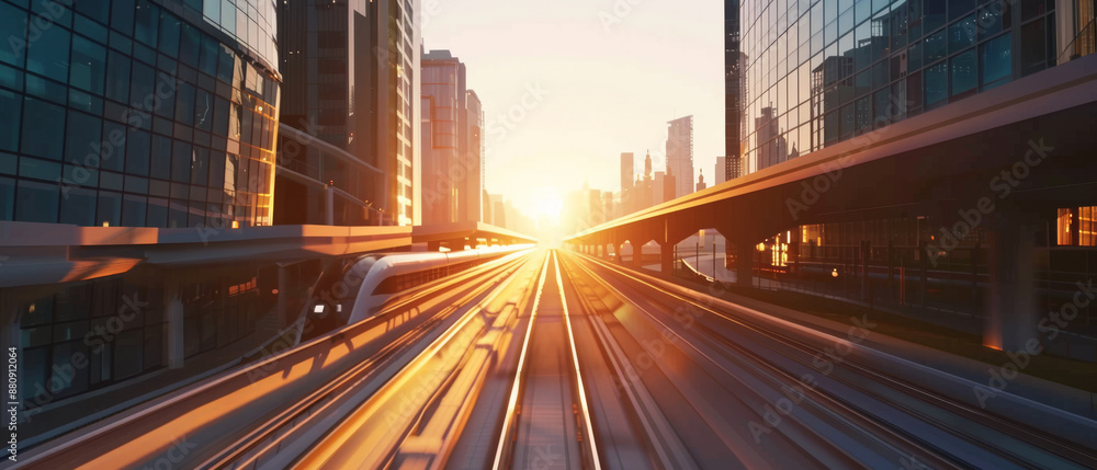 Sleek, futuristic high-speed train glides on tracks through a modern cityscape bathed in the golden glow of the setting sun. Sleek, futuristic high-speed train glides on tracks through a modern cityscape bathed in the golden glow of the setting sun.