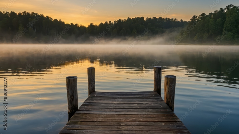 Tranquil morning scene of a wooden dock extending into a misty lake surrounded by a forest, perfect for serene getaways, nature retreats, and relaxation Tranquil morning scene of a wooden dock extending into a misty lake surrounded by a forest, perfect for serene getaways, nature retreats, and relaxation