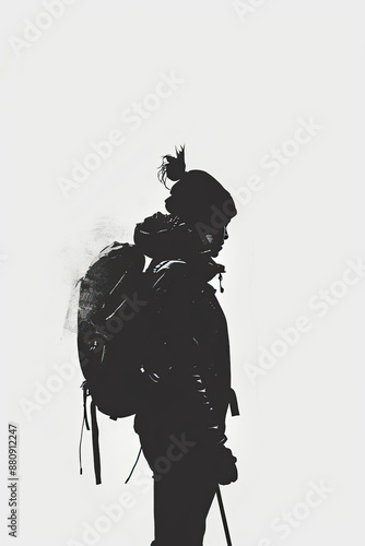 A black and white sketch of a hiker with a backpack