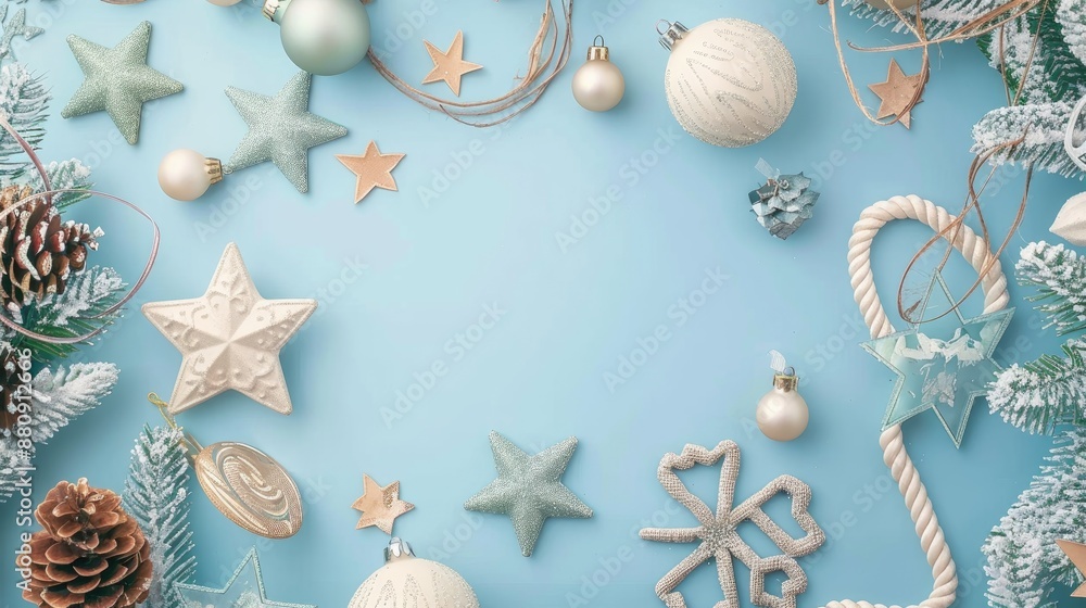 Christmas decor on blue pastel background Flat lay empty space