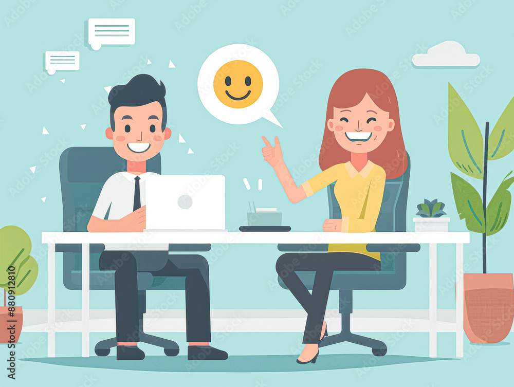 A man and a woman are sitting at a desk with a laptop and a cup A man and a woman are sitting at a desk with a laptop and a cup