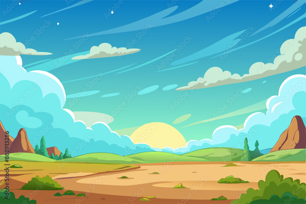 Obraz premium Cartoon desert landscape with mountains, sun shining through clouds