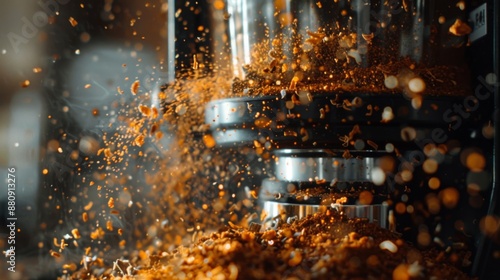 Fototapeta Naklejka Na Ścianę i Meble -  Close-up of an electric spice grinder with spices flying out as it grinds.