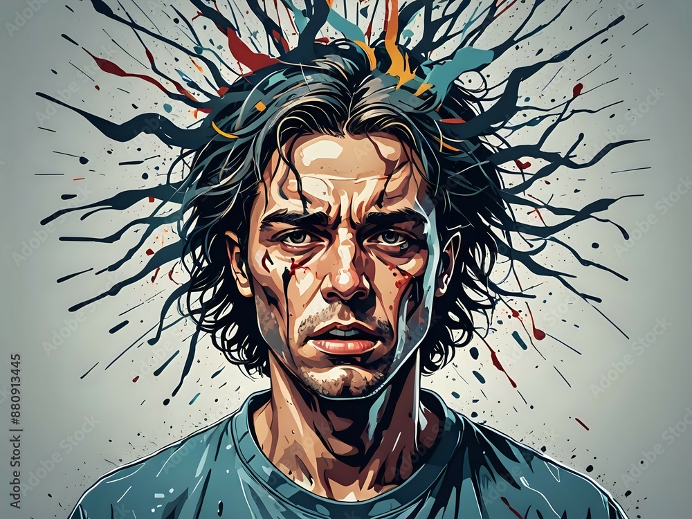 A man with a distressed expression, his head surrounded by colorful paint splatters. A man with a distressed expression, his head surrounded by colorful paint splatters.