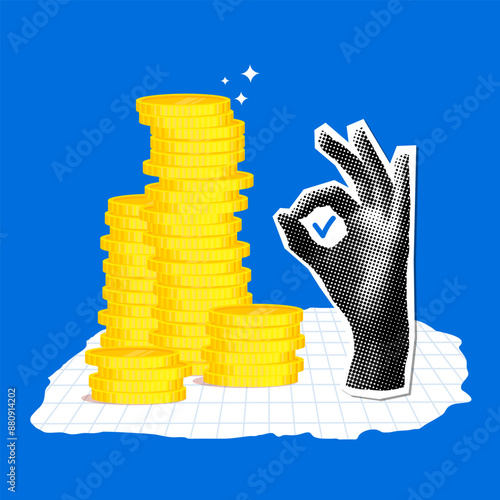 Modern collage with stacks of coins and halftone hand showing ok sign. Sales growth concept. High sales figures. Good statistics. Newspaper halftone elements. Financial success