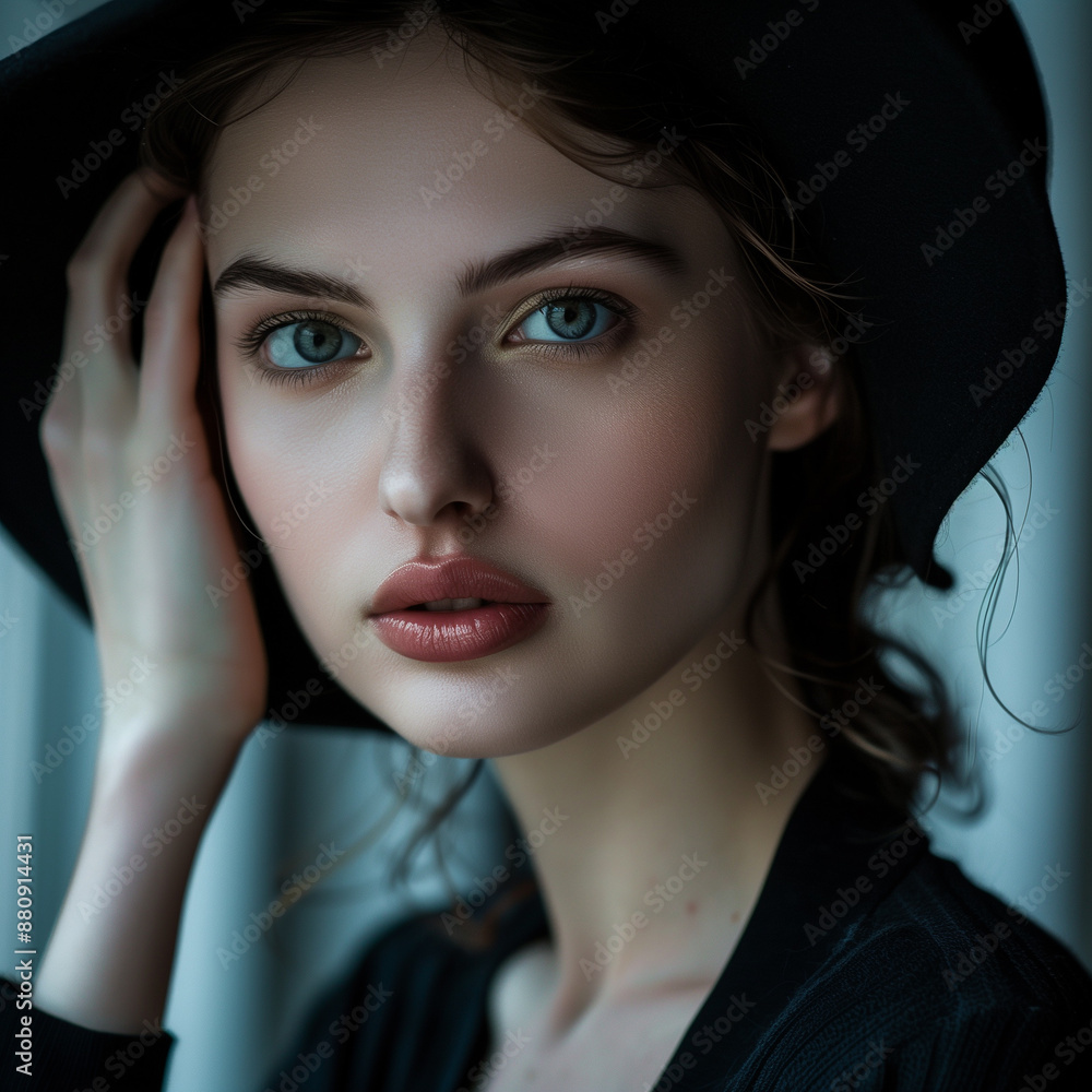 Elegant makeup photoshoot portrait woman in fashion hat posing on dark shadow background i dark blue tones Elegant makeup photoshoot portrait woman in fashion hat posing on dark shadow background i dark blue tones