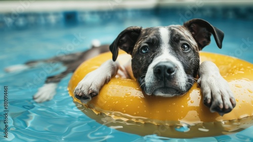 A heartwarming image of an adorable puppy resting in a yellow float in a swimming pool, looking up with an endearing expression, capturing a moment of pure joy. photo