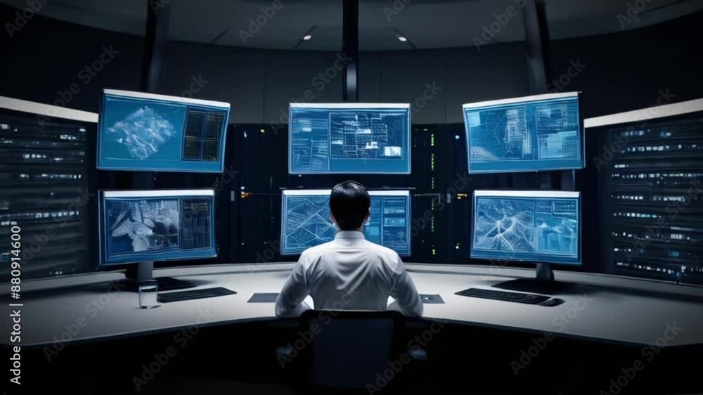 A person immersed in a high-tech room, seated before a large curved computer screen A person immersed in a high-tech room, seated before a large curved computer screen