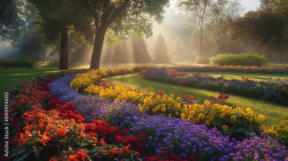 Bright flower beds in a country park, shot on a summer morning at ...