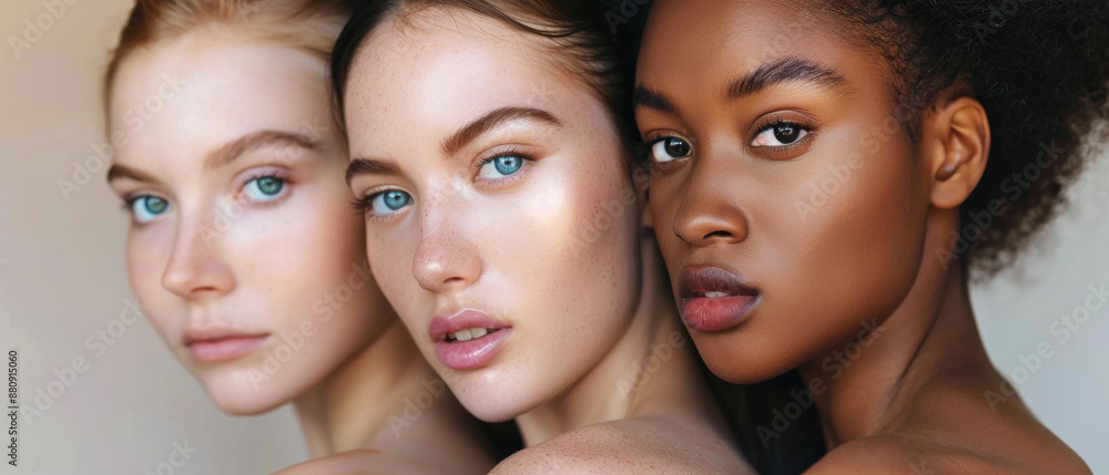 Three women of varying skin tones posed together, exuding confidence and elegance, their flawless skin illuminated by gentle, natural light. Three women of varying skin tones posed together, exuding confidence and elegance, their flawless skin illuminated by gentle, natural light.