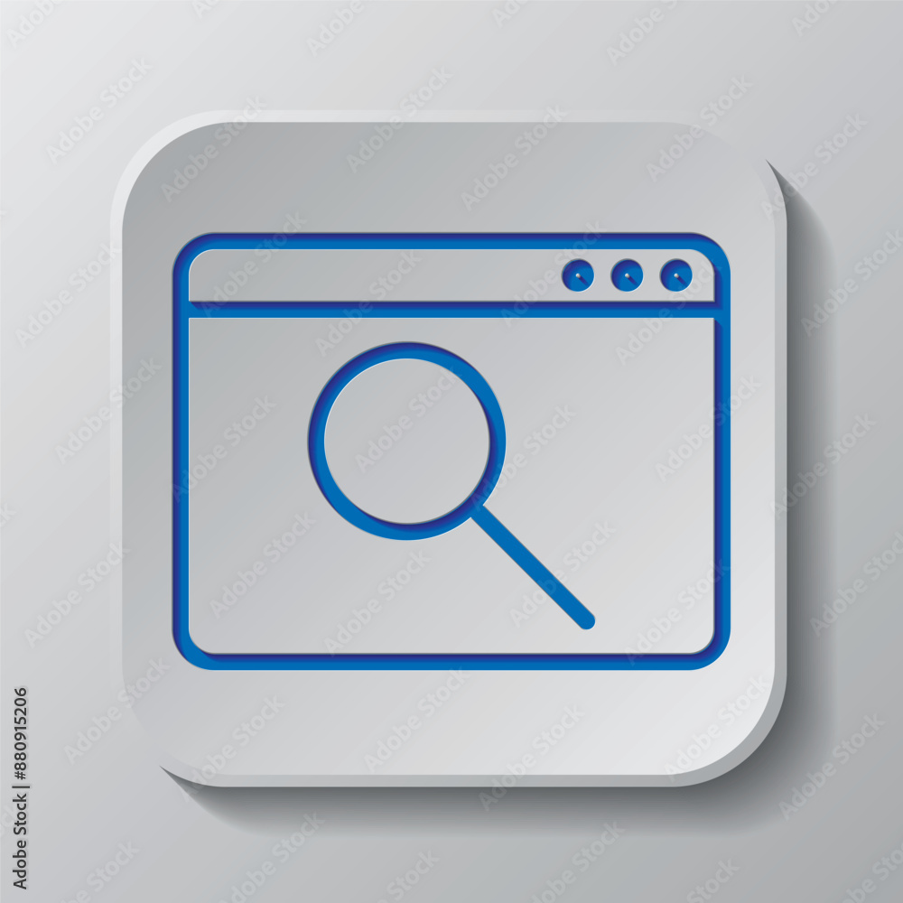 Browser, search simple icon vector. Flat design. Paper cut design. Cutted blue symbol with shadow. Gray badge button, gray background Browser, search simple icon vector. Flat design. Paper cut design. Cutted blue symbol with shadow. Gray badge button, gray background