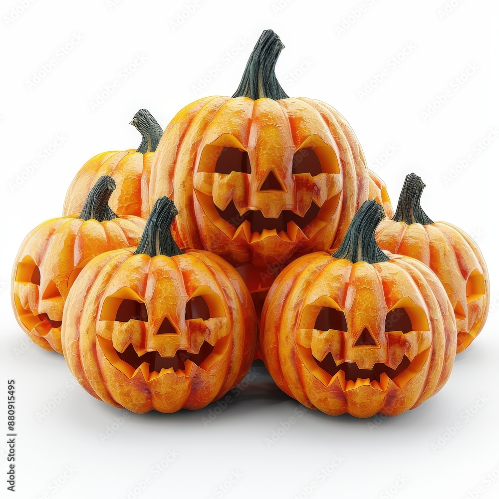 A group of carved pumpkins with spooky faces arranged in a pyramid for Halloween decoration, isolated on a white background. A group of carved pumpkins with spooky faces arranged in a pyramid for Halloween decoration, isolated on a white background.