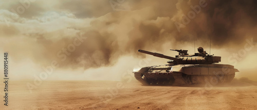 A tank advances through a dusty, war-torn desert landscape, creating an evocative scene of conflict, power, and resilience.