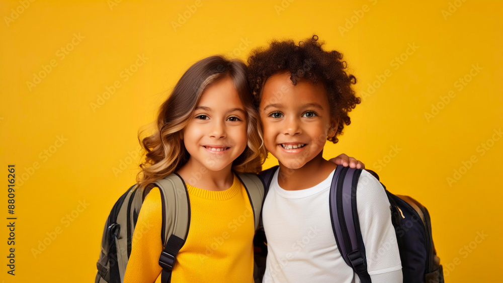 Cheerful smiling young people with backpacks have fun on the background of yellow walls with space for text .School concept. Back to school.
Cheerful smiling young people with backpacks have fun on the background of yellow walls with space for text .School concept. Back to school.