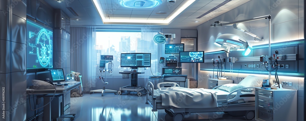 Futuristic hospital room with advanced technology, screens, and a patient bed. Futuristic hospital room with advanced technology, screens, and a patient bed.