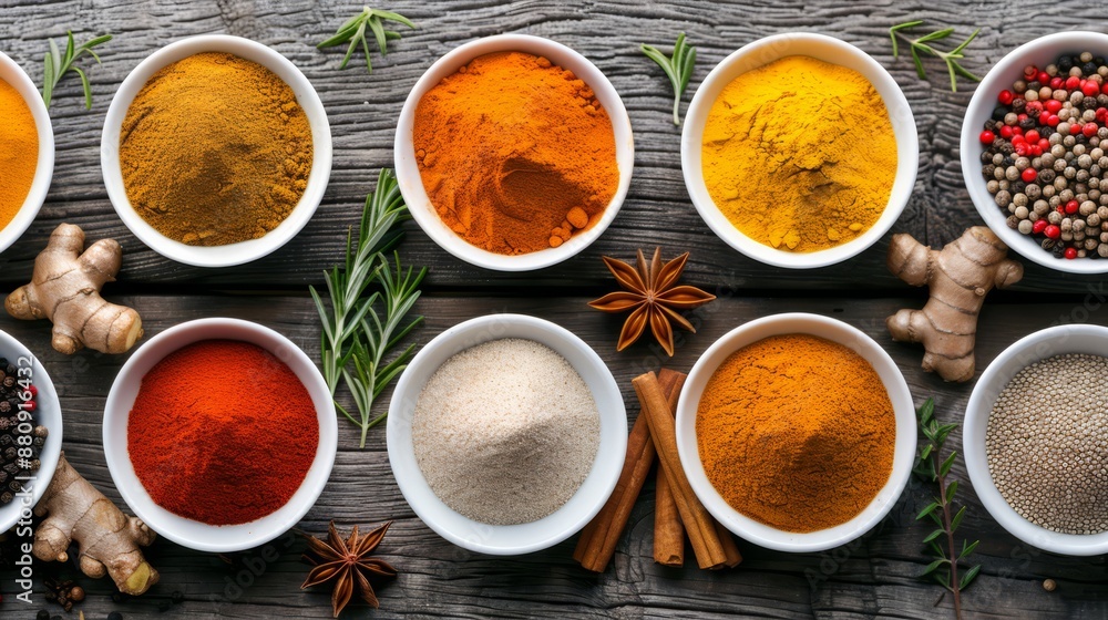 Colorful Spices and Herbs Artfully Arranged on a Rustic Wooden Table Colorful Spices and Herbs Artfully Arranged on a Rustic Wooden Table