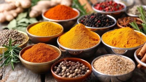 Colorful Assortment of Aromatic Spices and Herbs on Rustic Wooden Surface