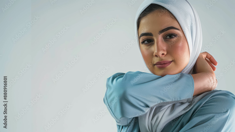 Arab Woman Wearing A Hijab Performs A Shoulder Stretch, Medical Stretch Arab Woman Wearing A Hijab Performs A Shoulder Stretch, Medical Stretch