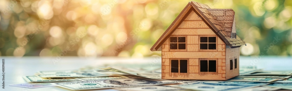 A house model placed on a pile of dollar bills, representing the financial aspects of real estate and home buying A house model placed on a pile of dollar bills, representing the financial aspects of real estate and home buying
