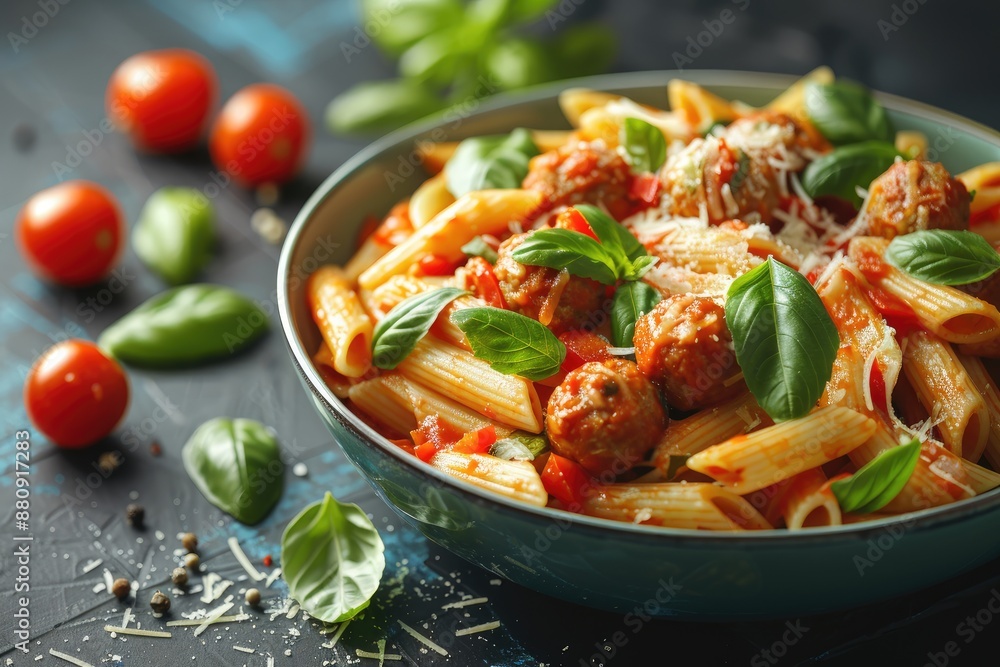 Penne pasta with meatballs in bowl professional advertising food photography Penne pasta with meatballs in bowl professional advertising food photography