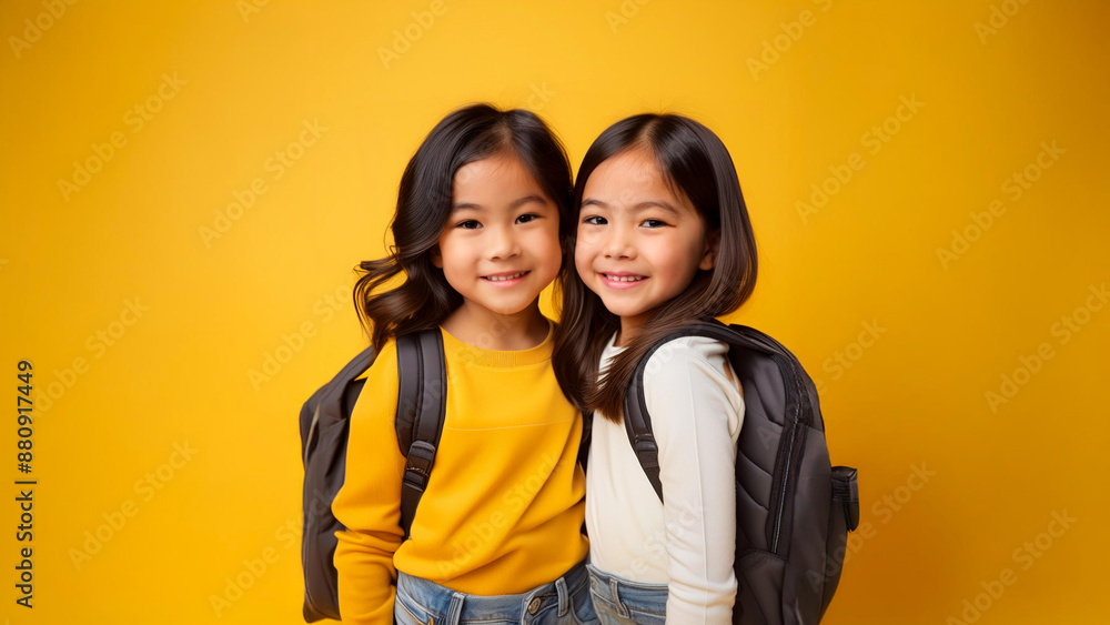 Cheerful smiling young people with backpacks have fun on the background of yellow walls with space for text .School concept. Back to school.
Cheerful smiling young people with backpacks have fun on the background of yellow walls with space for text .School concept. Back to school.
