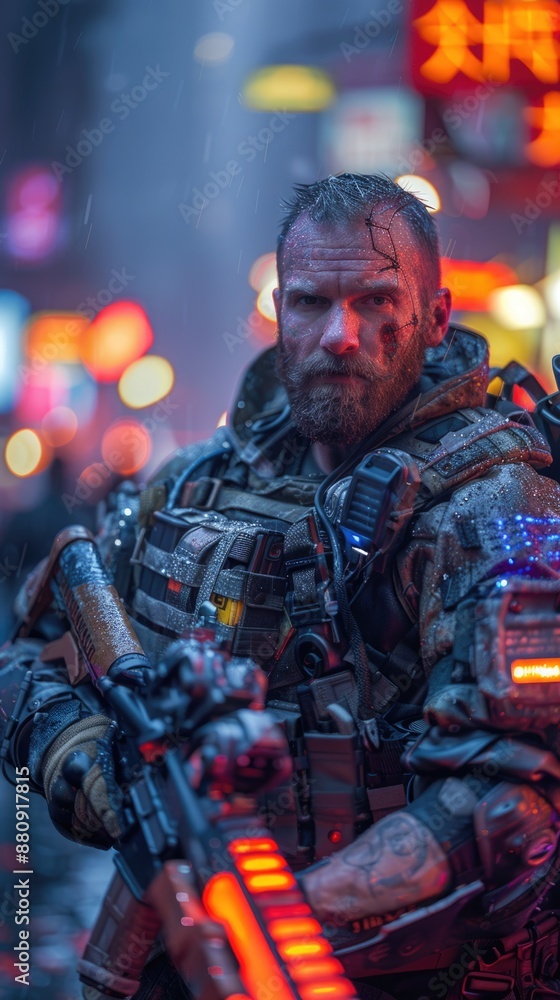 Digital Guardian of the Apocalypse - Futuristic warrior with holographic armor in cyberpunk cityscape. Digital Guardian of the Apocalypse - Futuristic warrior with holographic armor in cyberpunk cityscape.