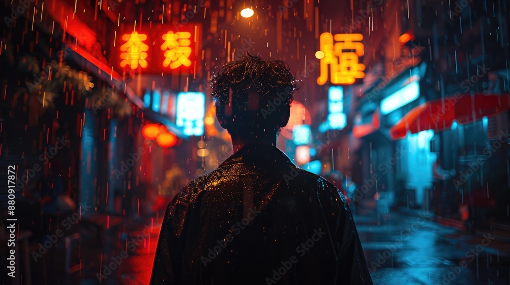 Obraz premium Determined Man Running Through Cyberpunk Futuristic City with Neon Signs and Holographic Advertisements