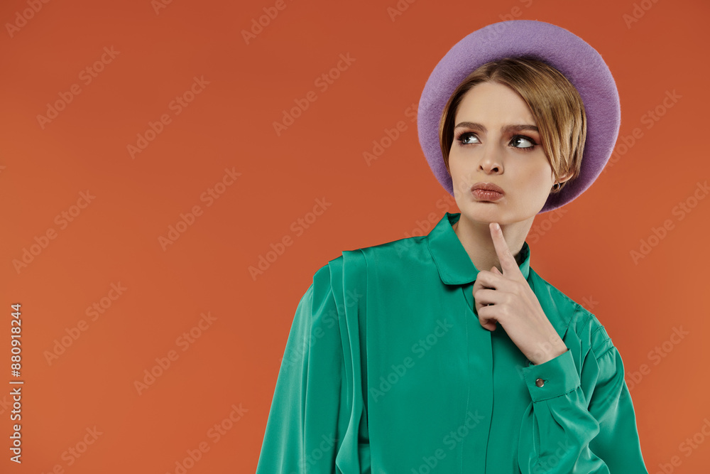 A woman in a green blouse and purple beret ponders thoughtfully, her hand resting on her chin. A woman in a green blouse and purple beret ponders thoughtfully, her hand resting on her chin.