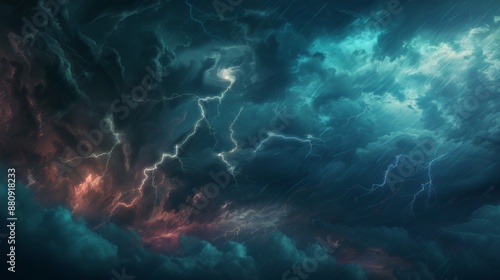 Lightning bolts striking across a turbulent, darkened sky during a thunderstorm.