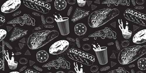 Seamless pattern with street food. Drawn on chalkboard sketch style taco, nachos, sandwich, coffee, hot dog, pizza, donut, fried onion rings. Mexican cuisine. Collection of fast food isolated on black