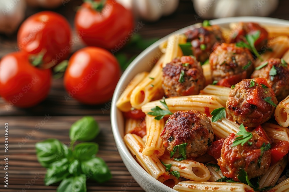 Penne pasta with meatballs in bowl professional advertising food photography Penne pasta with meatballs in bowl professional advertising food photography