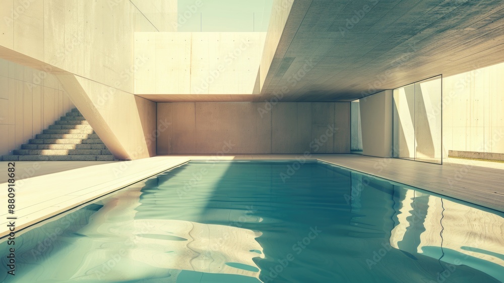 Fototapeta premium A geometric-shaped pool with sharp angles and modern design elements, completely empty