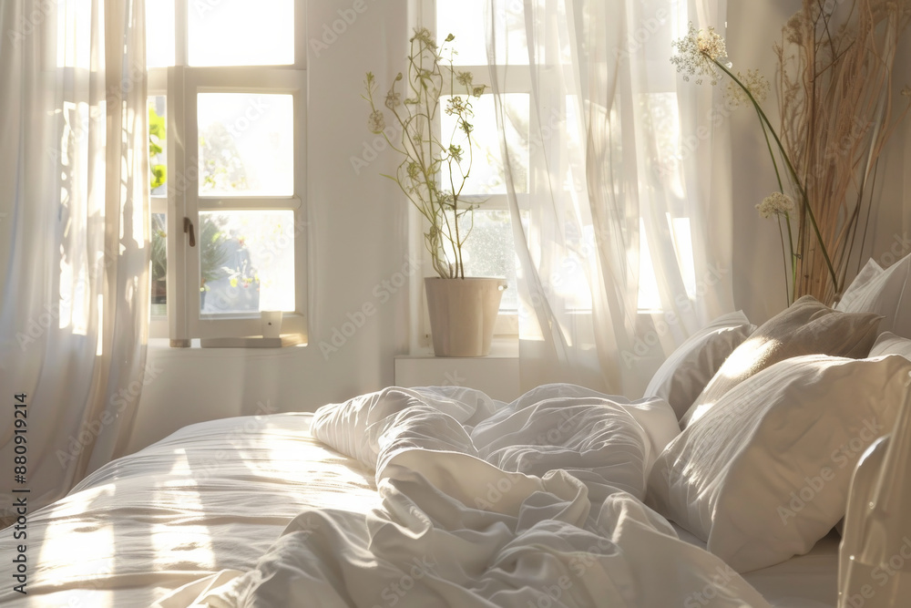 Sunlight bathes a cozy, unmade bed in a bright room adorned with delicate plants and sheer curtains, evoking a serene morning. Sunlight bathes a cozy, unmade bed in a bright room adorned with delicate plants and sheer curtains, evoking a serene morning.