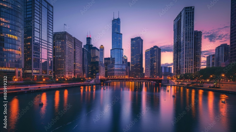 Naklejka premium Modern skyscrapers towering over a river, reflecting in the water below at twilight.