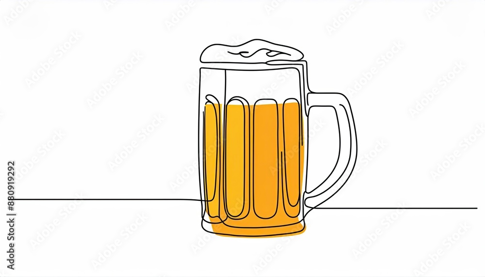 one line drawing of beer glass with foam. Craft drink alcohol ale in ...