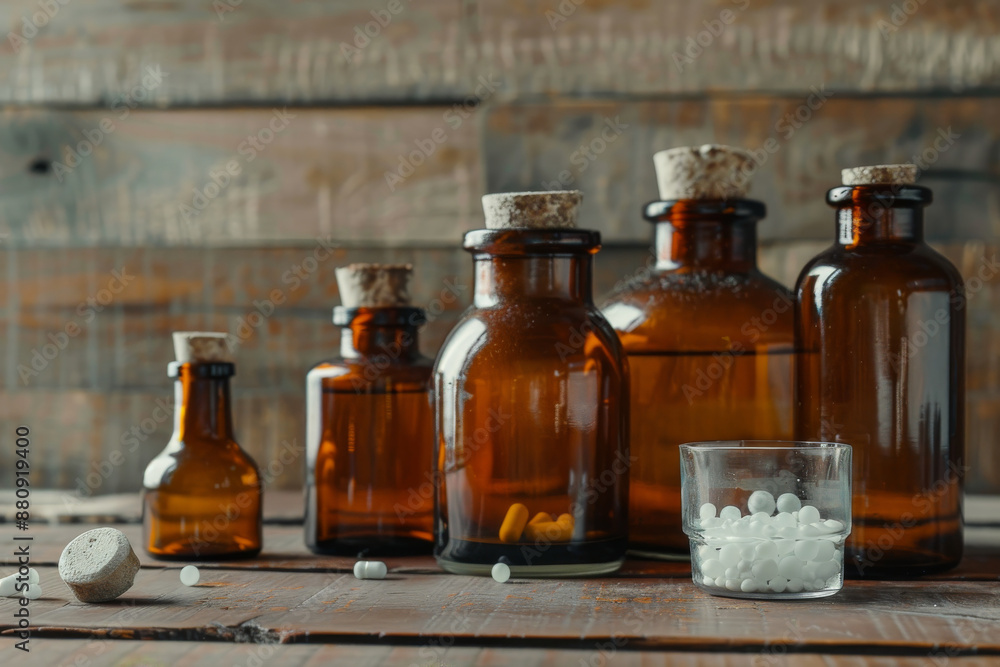 A rustic arrangement of amber glass apothecary bottles on a wooden surface, dotted with white medicine tablets and cork stoppers. A rustic arrangement of amber glass apothecary bottles on a wooden surface, dotted with white medicine tablets and cork stoppers.