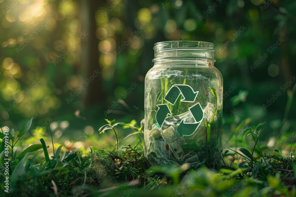 glass jar adorned with the universal recycling symbol, set against a lush forest backdrop, symbolizing eco-friendly packaging solutions for a sustainable, zero waste lifestyle glass jar adorned with the universal recycling symbol, set against a lush forest backdrop, symbolizing eco-friendly packaging solutions for a sustainable, zero waste lifestyle