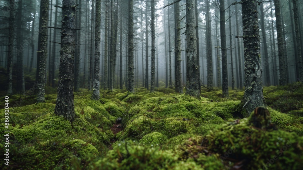Obraz premium Mossy coniferous forest in a foggy day.