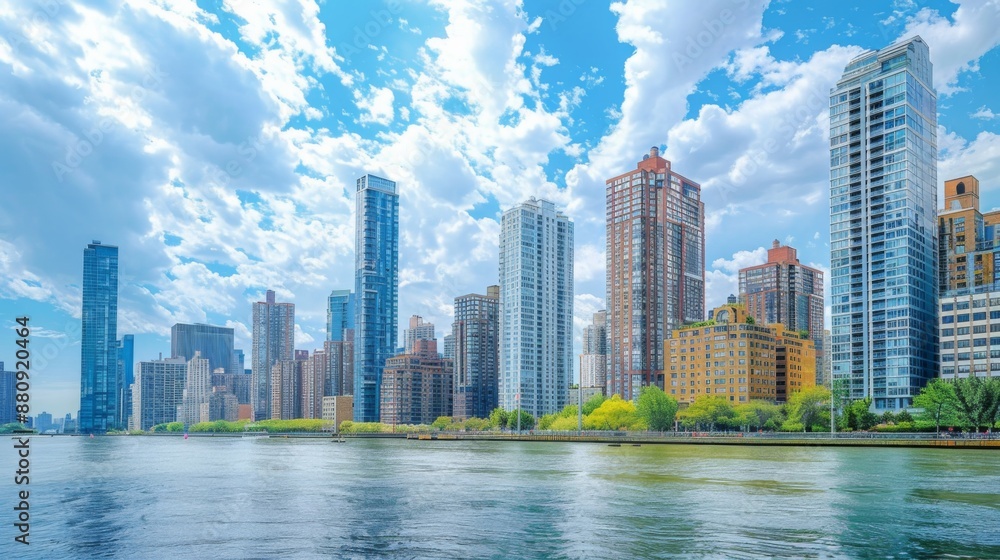 Fototapeta premium Modern apartment buildings and offices towering over a riverbank in a vibrant city.