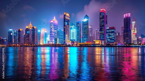 Night scene of brightly lit skyscrapers along a riverbank, seen from across the water.