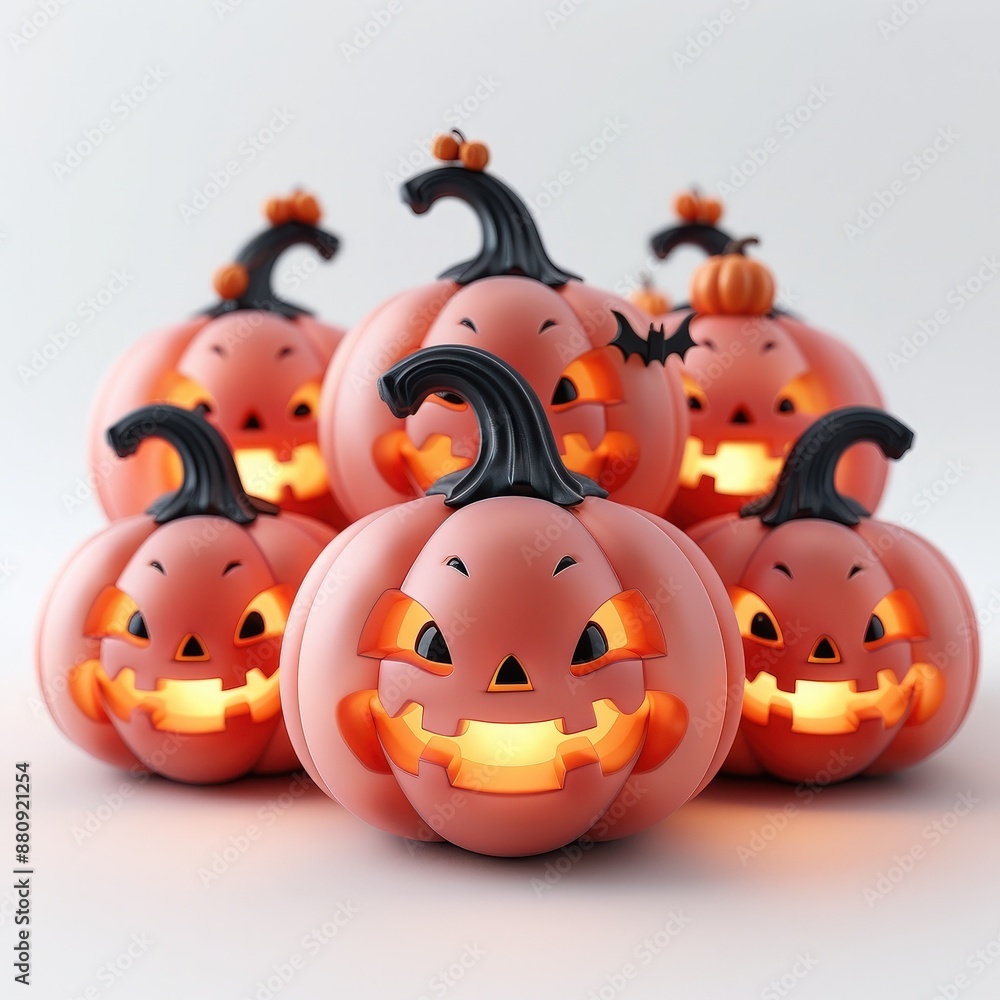 Group of spooky lit jack-o'-lanterns with various facial expressions, perfect for Halloween themes. Group of spooky lit jack-o'-lanterns with various facial expressions, perfect for Halloween themes.