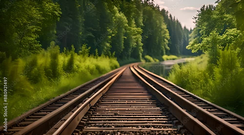 Scenic Railroad Journey. Summer Forest and River Views